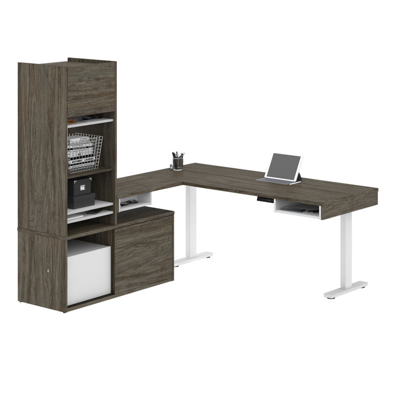 Orren Ellis Hanska Height Adjustable LShape Standing Desk with Hutch
